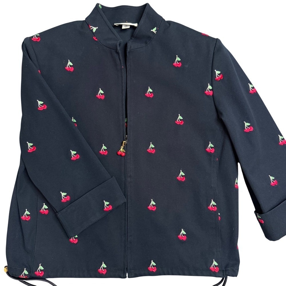 St John Sport Marie Gray Navy Blue Embroidered Cherry Zip Up Jacket Size M - Picture 2 of 10